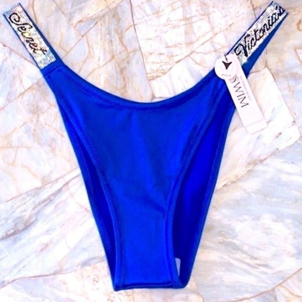 XSmall Victorias Secret Swim BOMBSHELL BIKINI BOTTOM Silver Shine Strap Blue - Picture 1 of 6